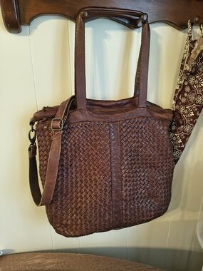 Brown Woven Leather Large Tote Bag